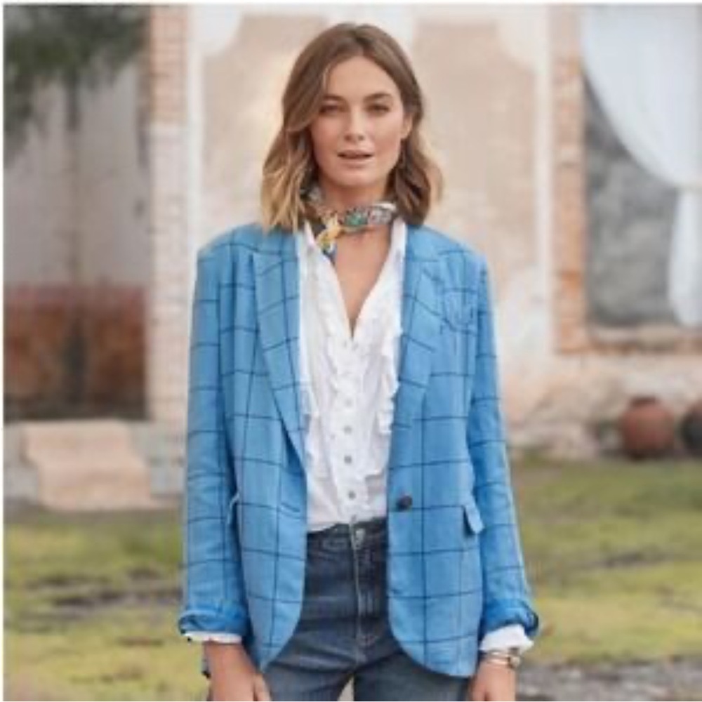 Sundance Iris Linen‎ Windowpane Plaid Blue Blazer Size XS